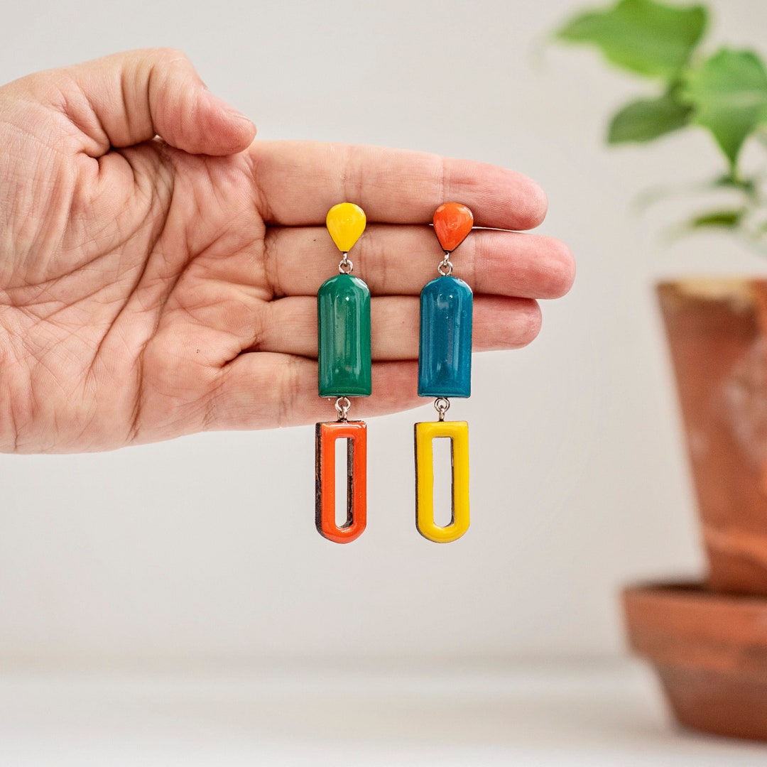 Unique Mismatched Clip on Earrings, Long Arch Earrings for Non Pierced