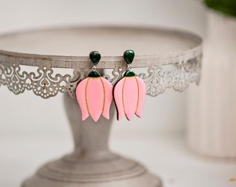 Hot pink tulip flower earrings, Lightweight spring earrings, Modern floral earrings with clip on for non pierced ears