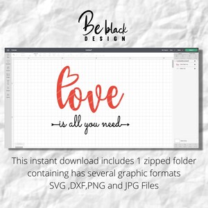 May include: A digital design featuring the text "love is all you need" in a red cursive font with a heart shape on the letter "o". The text is on a white background with a grid pattern.