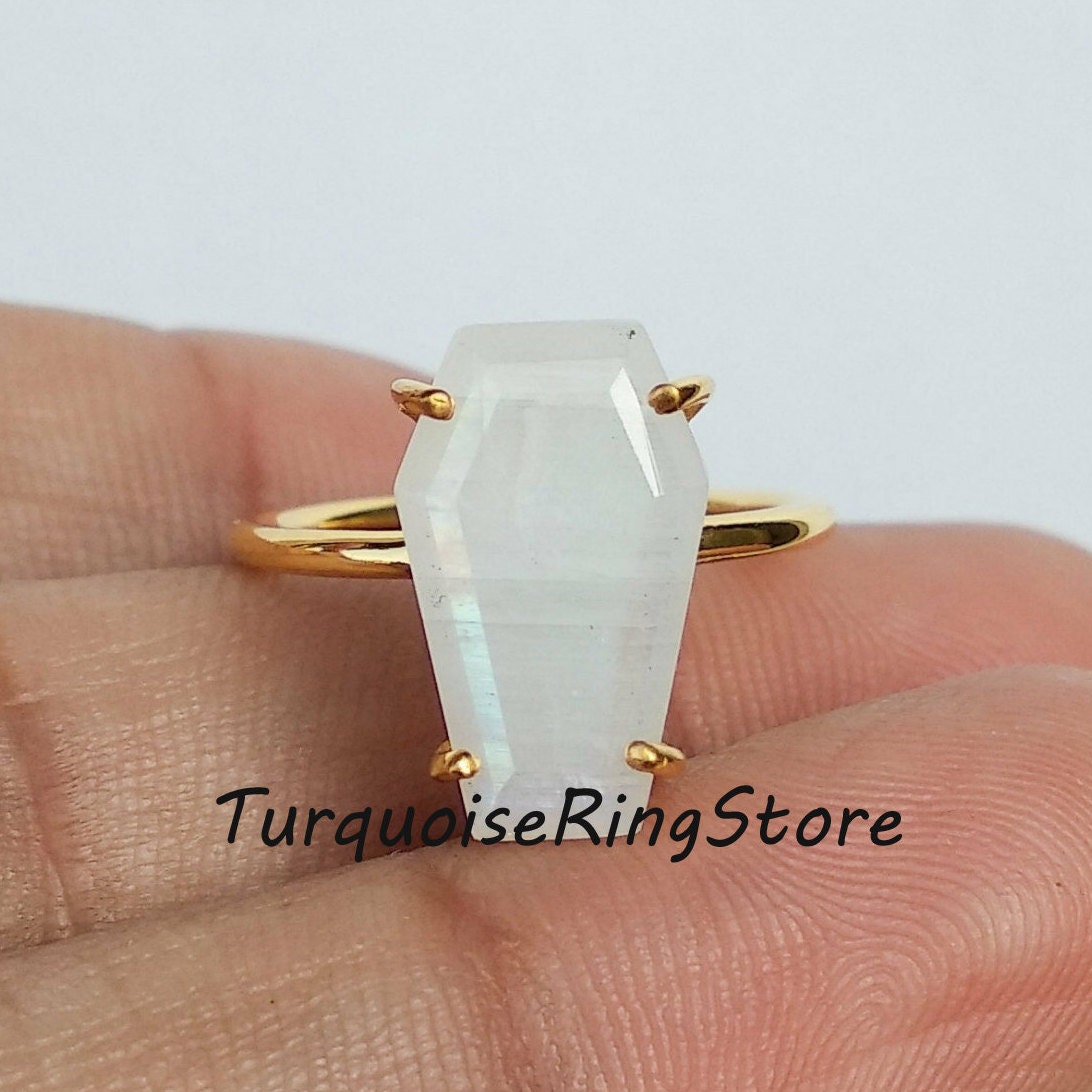 Women Gift Ring. Moonstone Faceted Ring Exclusive Arrive ! Silver Plated Rings Gray Moonstone Coffin Ring Coffin Shape Ring