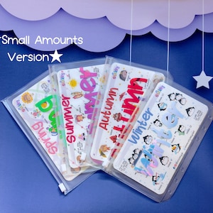 May include: Four clear plastic zippered pouches with colourful illustrations of the four seasons: spring, summer, autumn, and winter. Each pouch has the season's name printed in large, colourful letters. The pouches are labelled with the word "slickky" and have a small star icon.