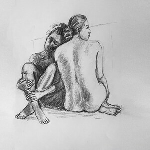 May include: A pencil sketch showing two figures in a seated embrace. One figure rests their head on the other's shoulder. The artwork is rendered in shades of grey, with detailed shading to create depth and form, on a white background.