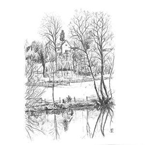 May include: A black and white pencil drawing of a house with trees and a lake in the foreground. Two people are sitting on a bench by the lake.