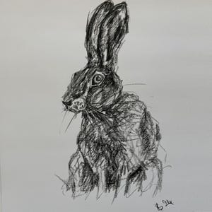 May include: A charcoal drawing of a hare, depicted in a seated pose with prominent ears and textured fur. The artwork uses varying shades of grey and black, with visible pencil strokes. The hare's eye is detailed, and the drawing is signed in the bottom right corner.