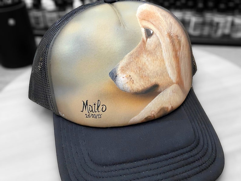 Personalise custom made hand painted dogs portrait on a hat. Baseball hat custom paint. Send us your pets photo. Hand painted. Handmade image 7