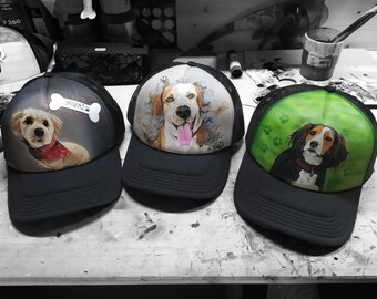 Personalise custom made painted dog’s portrait on a hat. Baseball hat custom paint. Send us your pets photo. Hand painted. Handmade