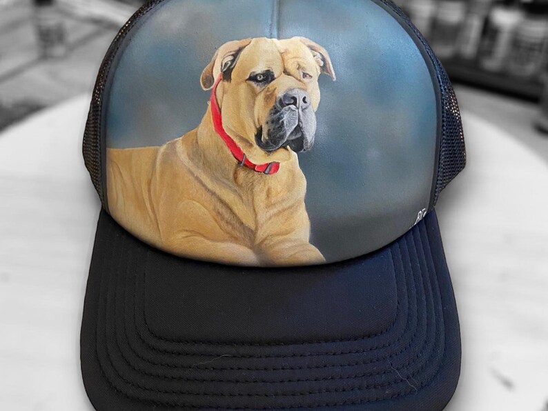 Personalise custom made hand painted dogs portrait on a hat. Baseball hat custom paint. Send us your pets photo. Hand painted. Handmade image 6