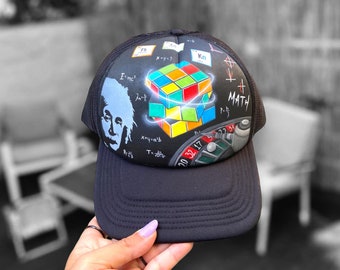 Mathematics art Einstein Rubik’s cube I love maths hand painted baseball hat trucker hat custom art