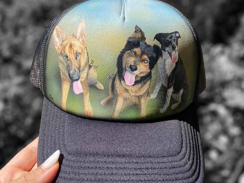 Personalise custom made hand painted dogs portrait on a hat. Baseball hat custom paint. Send us your pets photo. Hand painted. Handmade image 2