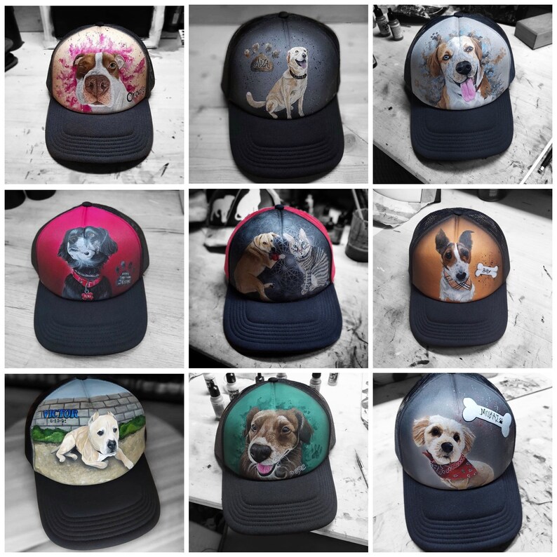 Personalise custom made hand painted dogs portrait on a hat. Baseball hat custom paint. Send us your pets photo. Hand painted. Handmade image 3