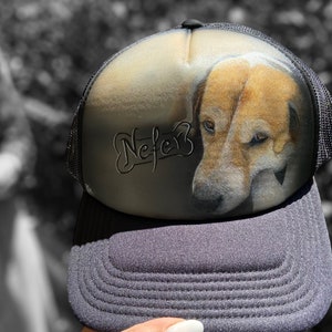Personalise custom made hand painted dogs portrait on a hat. Baseball hat custom paint. Send us your pets photo. Hand painted. Handmade image 4