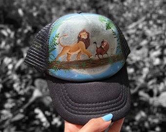 Lion king Timon and pumbaa custom made hand painted glow in the dark baseball cap hat available for kids size name personalised an the moon