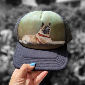 Personalise custom made hand painted dogs portrait on a hat. Baseball hat custom paint. Send us your pets photo. Hand painted. Handmade image 1