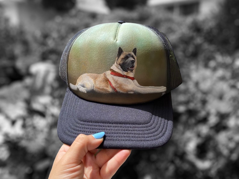 Personalise custom made hand painted dogs portrait on a hat. Baseball hat custom paint. Send us your pets photo. Hand painted. Handmade image 1