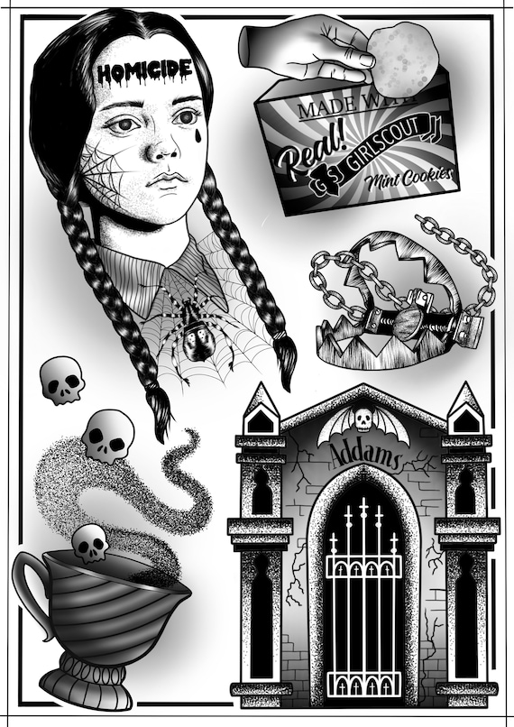 Addams Family Blackwork Tattoo Flash Sheet - Etsy Addams Family Blackwork Tattoo Flash Sheet - Etsy