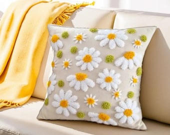 Punch Needle Daisy Pillow: Handmade Floral Throw Pillow
