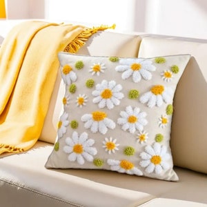 Punch needle daisy pillow, accent floral throw pillows, floral funky throw pillows, designer groovy pillow, outdoor pillows with flowers