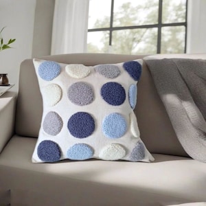 Blue punch needle pillow, throw pillow covers for bed, unique decorative pillows, couch embroidered pillow, tufted bolster pillow cover