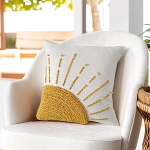 Embroidered Sun Throw Pillow Cover: Boho Yellow Cotton, 16&quot;x16&quot;