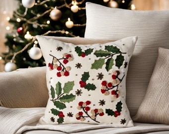 Oreiller de broderie de Noël floral, oreiller de houx à l'aiguille perforée, oreillers décoratifs pour canapé, taies d'oreiller kilim d'hiver preppy