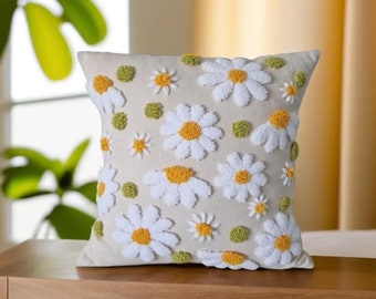 floral funky throw pillows, embroidered punch needle pillow, decorative pillows for couch, hand woven throw pillow covers, textured pillow