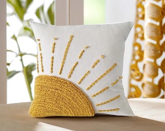 Sun punch needle pillow boho, aesthetic boho throw pillows, orange throw pillow covers sun, cute turkish pillow, preppy throw pillows