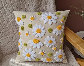 Punch needle daisy pillow, accent floral throw pillows, floral funky throw pillows, designer groovy pillow, outdoor pillows with flowers