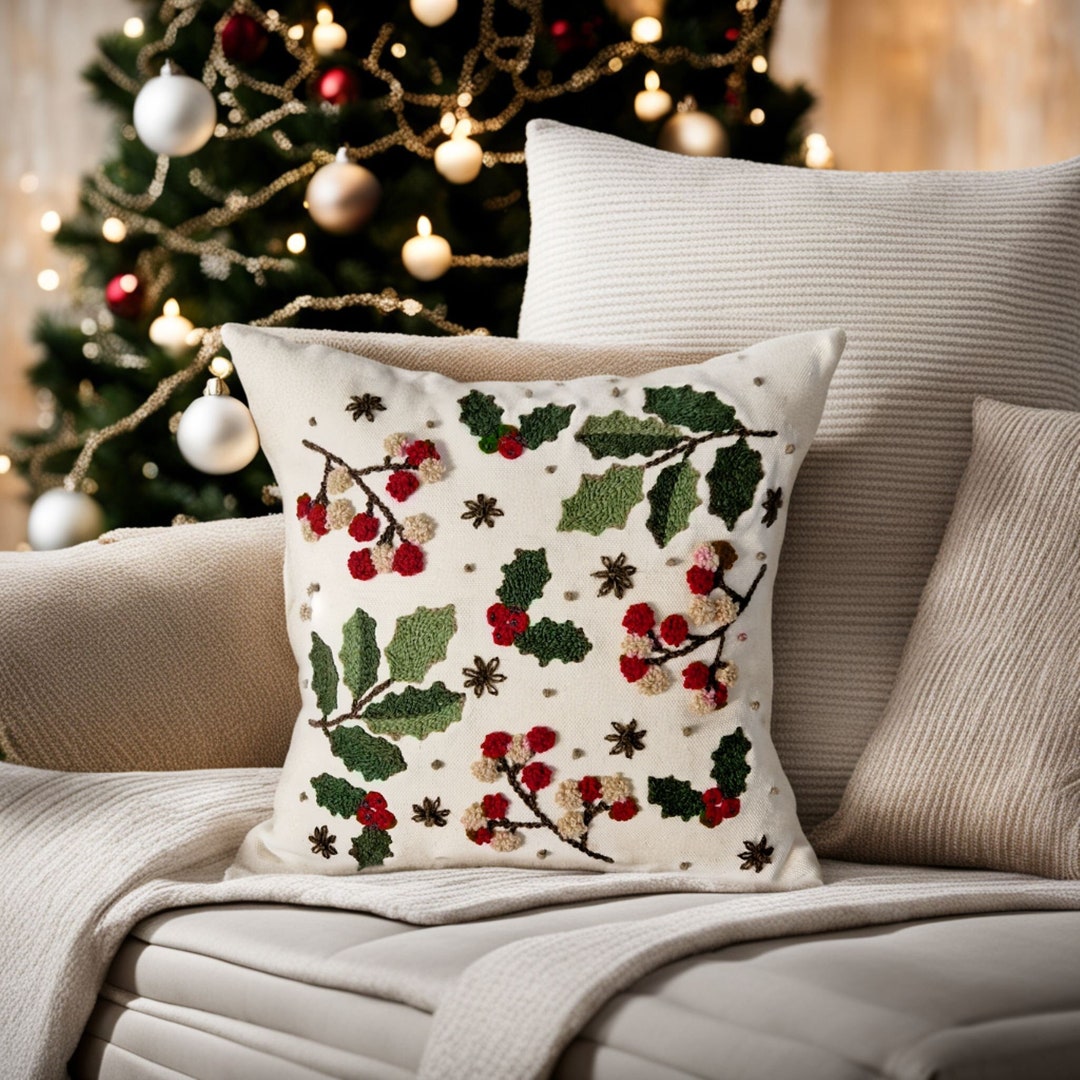 Christmas Embroidery Pillow Floral, Punch Needle Holly Pillow