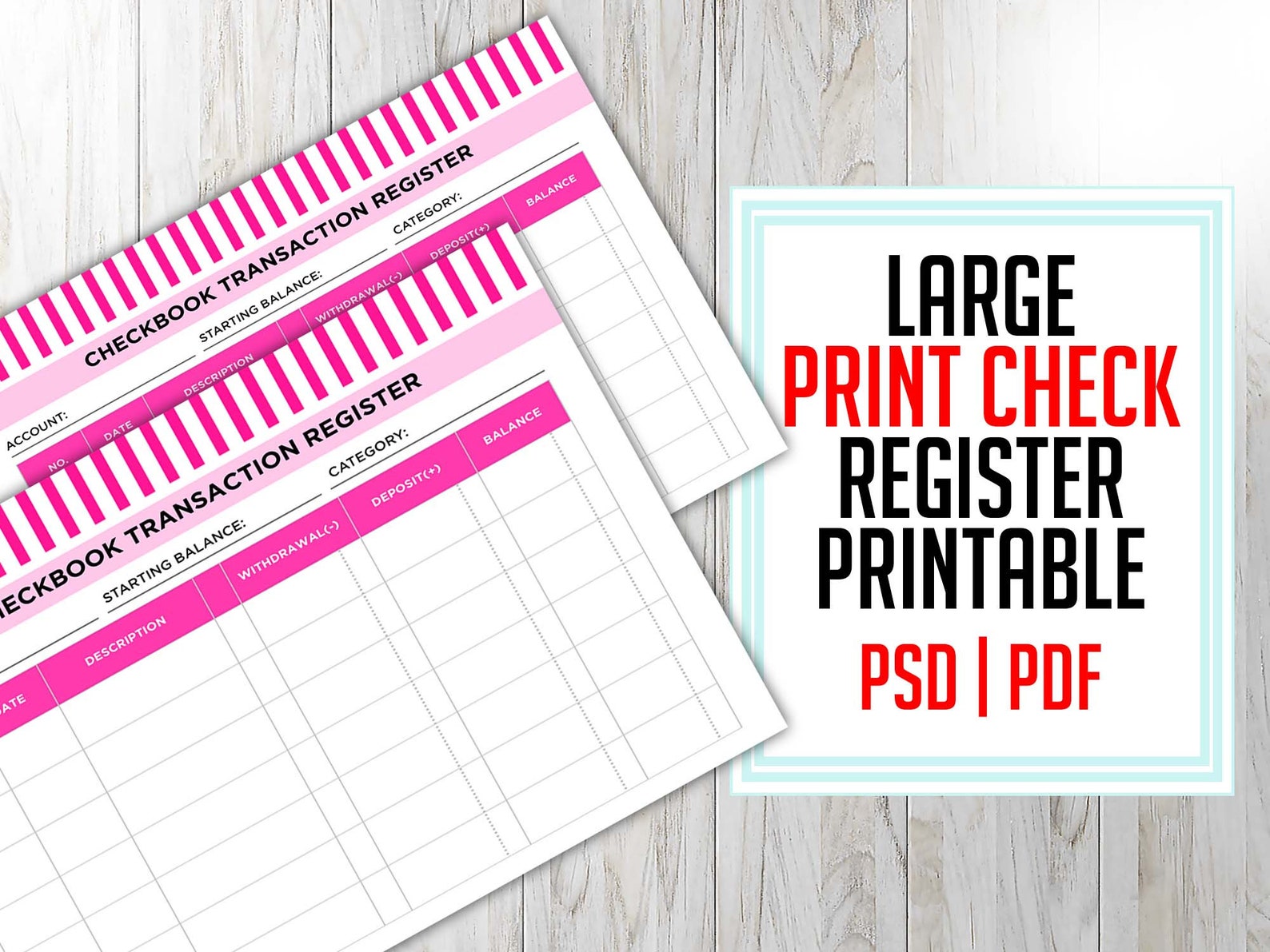 Large Print Check Register Printable PDF file Editable PSD | Etsy