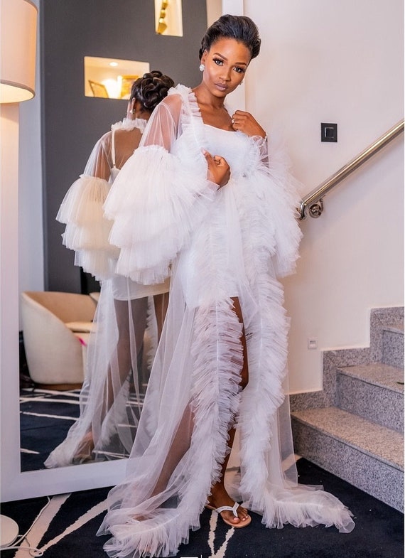 Illusion Tulle Wedding Robe With Sheer Details And Tiered Ruffles  White/Ivory Bridal Bridal Sleepwear And Nightgown From Verycute, $50.13