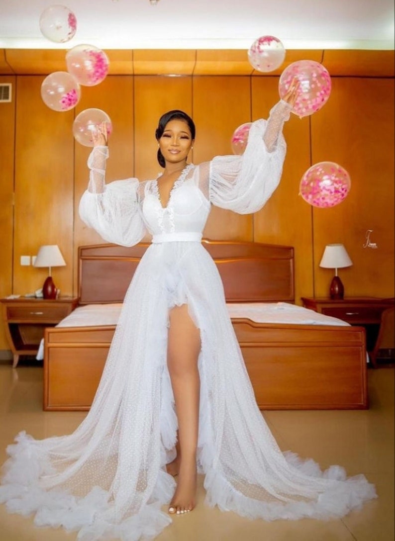 Luxury Bridal Robe with Train, Puffy Sleeves, and Tulle