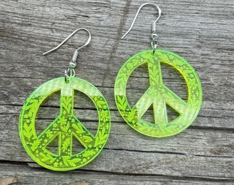 Mirror earrings - Peace - Neon Yellow - light acrylic earrings - with flowers and leaves - statement earrings