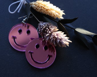 Mirror Earrings - Friendly Faces - Pink Pink - Light Acrylic Earrings - Good Mood - Round Earrings - Statement Earrings