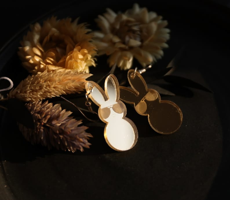 Mirror earrings bunny sunny Easter earrings gold colors / choice of colors light good mood bunny statement earrings image 1