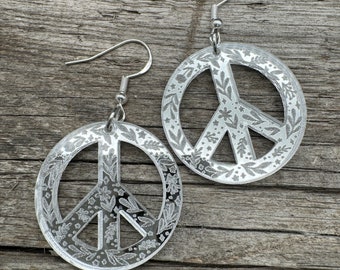 Mirror earrings - Peace - mirror silver - light acrylic earrings - with flowers and leaves - statement earrings