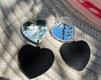 Mirror earrings - Love - black matt - light - good mood - hearts - statement earrings