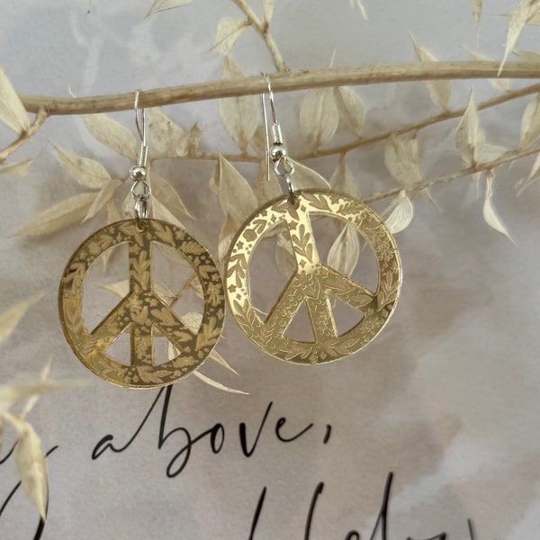 Spiegel Ohrringe - Peace - Spiegel Gold - leichte Acryl Ohrringe - mit Blüten und Blättern - Statement Ohrringe