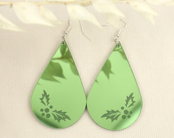 Mirror Earrings - Prickly Palm - Green - Lightweight Acrylic Earrings - Winter - Christmas - Teardrop Earrings - Statement Earrings
