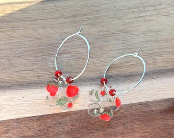 Hoop Flower shaped Summer Strawberry Acrylic Laser Cut Earrings - Lead and Nickel Free - Handmade