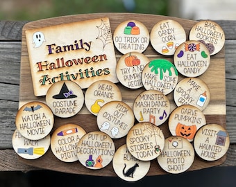 Halloween Activity Tokens: Laser Cut Wood, Bucket List, Family Game