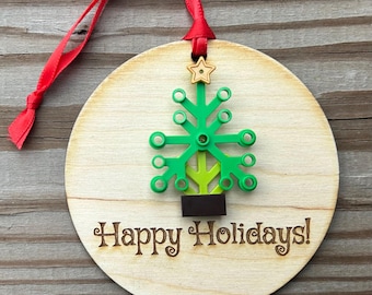 Happy Holidays Building Block Christmas Tree Laser Engraved Wooden Ornament - Handmade