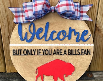 Buffalo Welcome Sign - Wooden 14 inch Round Door Sign with Plaid Bow - Handmade - Football