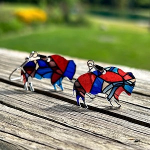 Buffalo Stained Glass Acrylic Earrings - Red and Blue Pattern - Lead and Nickel Free - Handmade