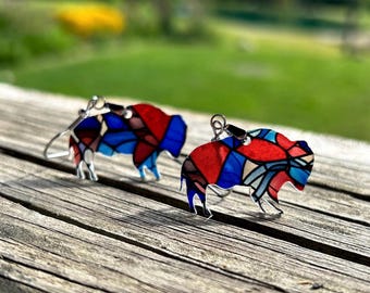 Buffalo Stained Glass Acrylic Earrings - Red and Blue Pattern - Lead and Nickel Free - Handmade