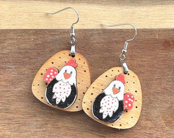 Handpainted Chicken Wood Earrings - Lead and Nickel Free - Handmade