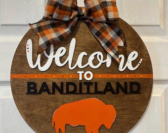 Banditland Buffalo Sign: Handmade 14 inch Wooden Door Hanger with Plaid Bow