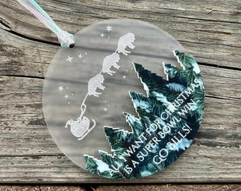 Buffalo Bills Christmas Ornament: Engraved on Frosted Acrylic, Santa Sleigh