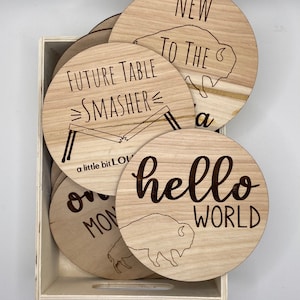 May include: A set of eight wooden baby milestone discs with various phrases and designs, including "Future Table Smasher", "New to the World", "Hello World", and "One Month".