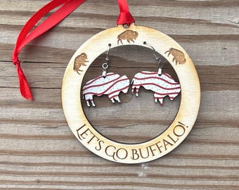 Buffalo Christmas Earrings and Ornament - Laser Cut Wood, Two-in-One Gift