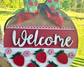 Summer Strawberry Welcome Sign - Wooden 14 inch Round Door Sign with Bow - Handmade